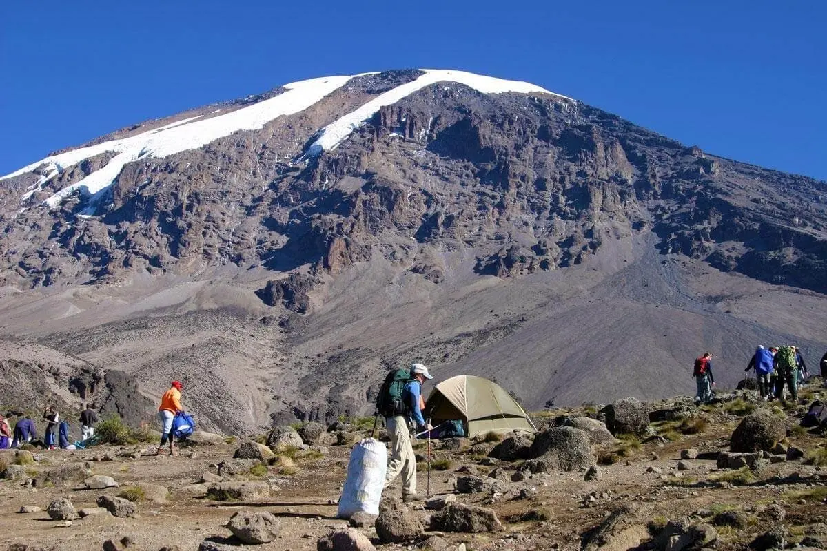 Trekkers below Kibo on Kilimanjaro